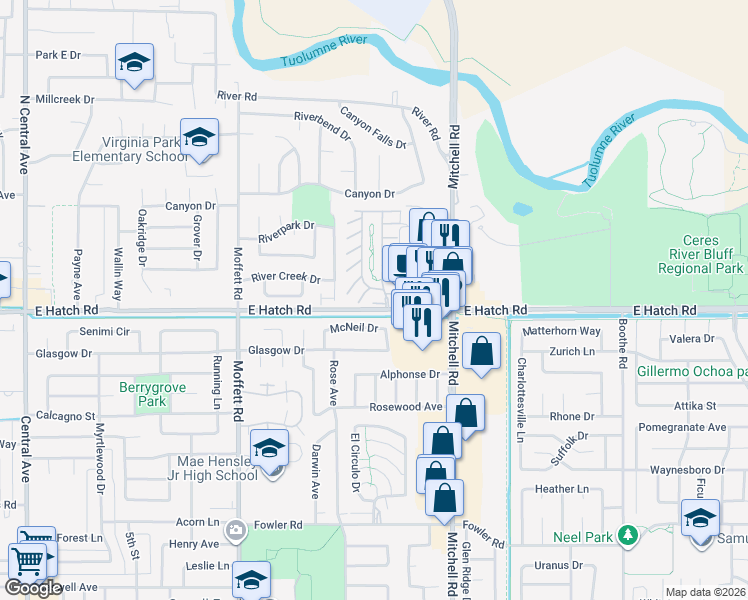 map of restaurants, bars, coffee shops, grocery stores, and more near 148 West Voyagers Cove Circle in Modesto