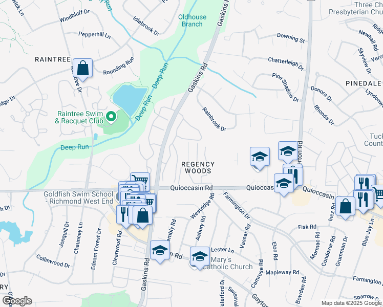 map of restaurants, bars, coffee shops, grocery stores, and more near 1509 Regency Woods Road in Richmond