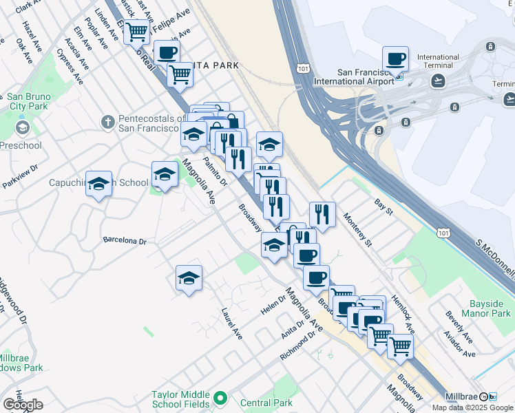map of restaurants, bars, coffee shops, grocery stores, and more near 1375 El Camino Real in Millbrae