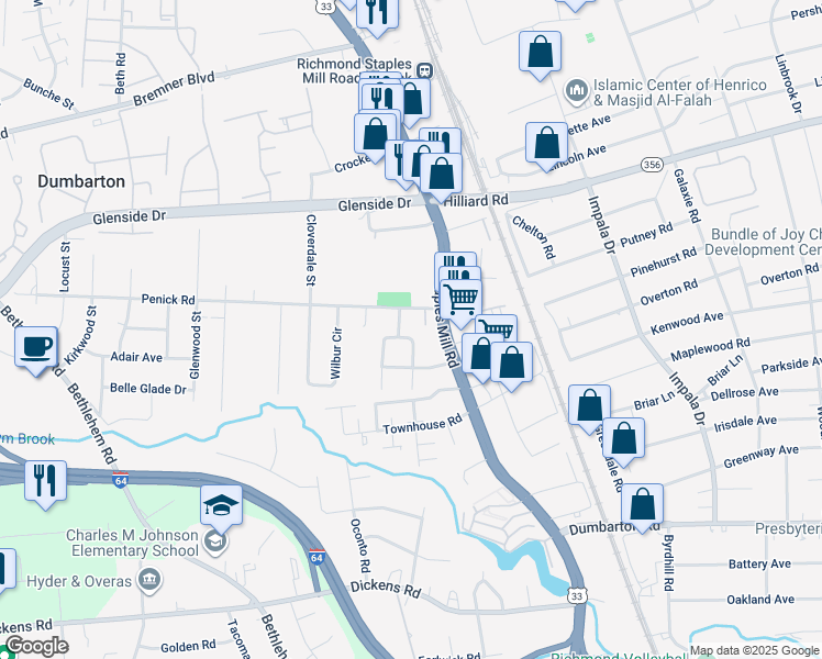 map of restaurants, bars, coffee shops, grocery stores, and more near 6717 East Davista Avenue in Henrico