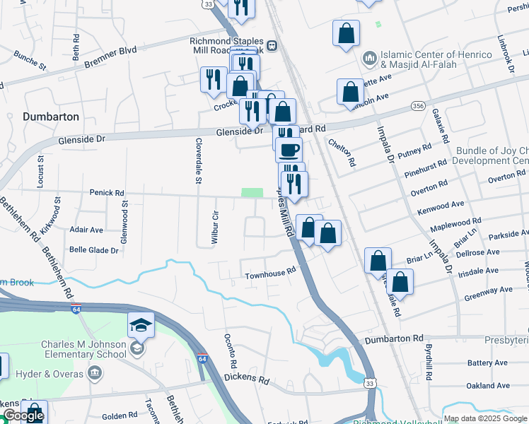 map of restaurants, bars, coffee shops, grocery stores, and more near 6717 East Davista Avenue in Henrico