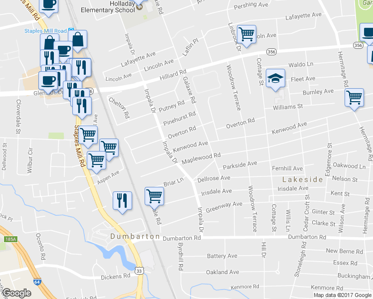 map of restaurants, bars, coffee shops, grocery stores, and more near 2915 Kenwood Avenue in Richmond