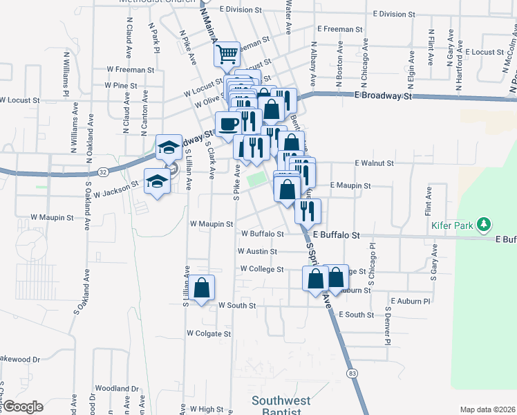 map of restaurants, bars, coffee shops, grocery stores, and more near 127 W Maupin St in Bolivar