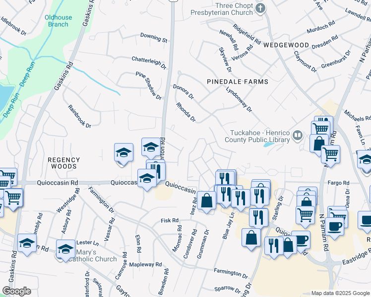 map of restaurants, bars, coffee shops, grocery stores, and more near 46 Huneycutt Drive in Richmond