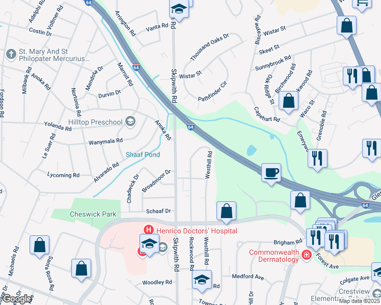 map of restaurants, bars, coffee shops, grocery stores, and more near 1818 Rockwood Road in Richmond