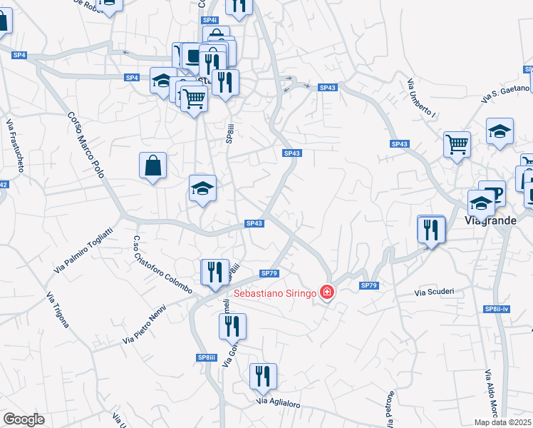 map of restaurants, bars, coffee shops, grocery stores, and more near 19 Via Galileo Galilei in Trecastagni