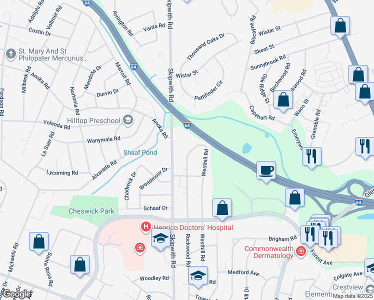 map of restaurants, bars, coffee shops, grocery stores, and more near 1818 Rockwood Road in Richmond