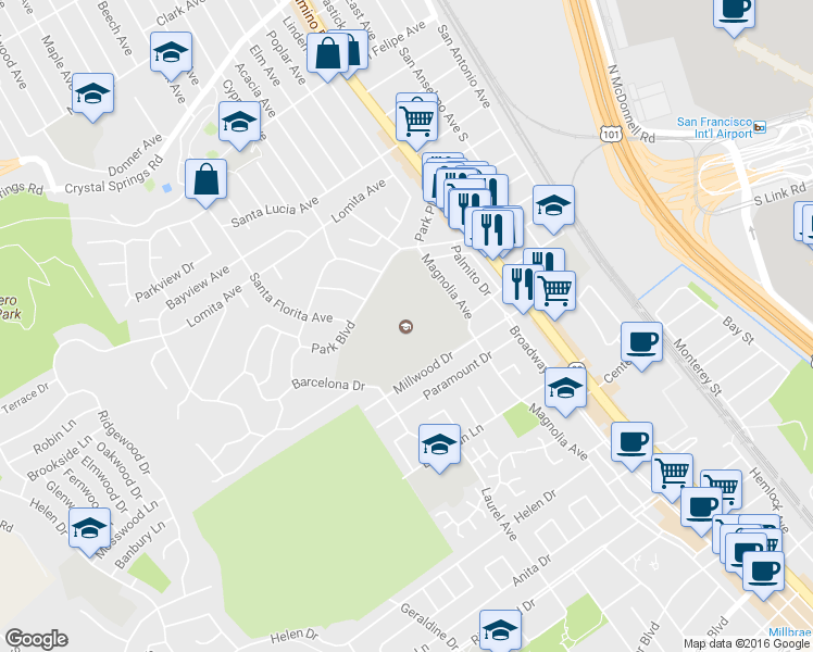 map of restaurants, bars, coffee shops, grocery stores, and more near 1501 Magnolia Avenue in San Bruno