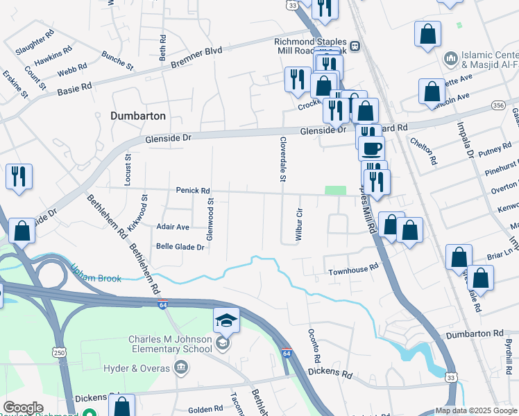 map of restaurants, bars, coffee shops, grocery stores, and more near 6714 Dellwood Street in Richmond