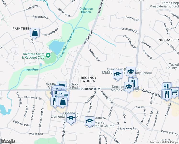 map of restaurants, bars, coffee shops, grocery stores, and more near 1507 Bronwyn Road in Henrico