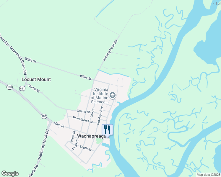 map of restaurants, bars, coffee shops, grocery stores, and more near 31-37 Brooklyn Avenue in Wachapreague