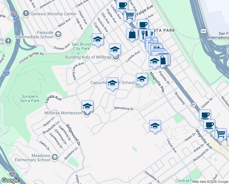 map of restaurants, bars, coffee shops, grocery stores, and more near 508 Juanita Avenue in Millbrae