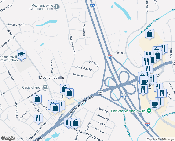 map of restaurants, bars, coffee shops, grocery stores, and more near 7447 Ridgeview Road in Mechanicsville
