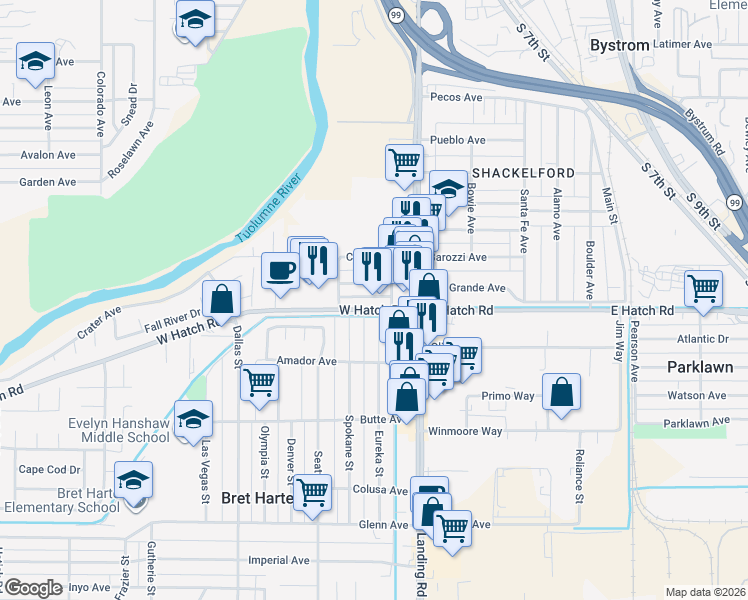 map of restaurants, bars, coffee shops, grocery stores, and more near 209 West Hatch Road in Modesto
