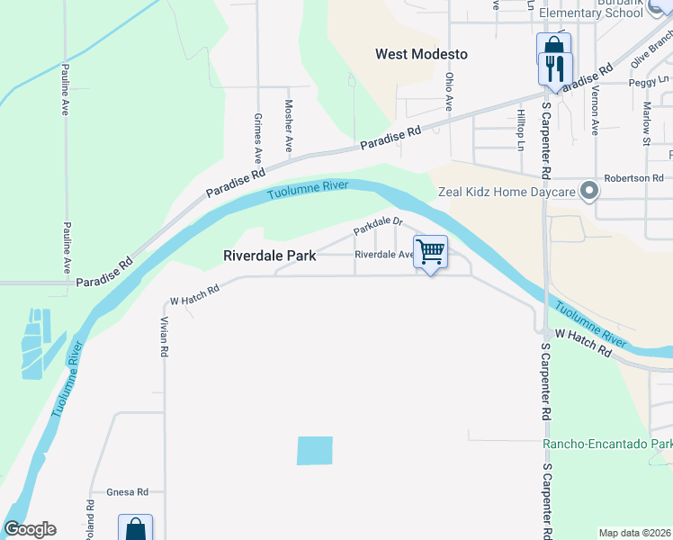 map of restaurants, bars, coffee shops, grocery stores, and more near 2650 West Hatch Road in Modesto
