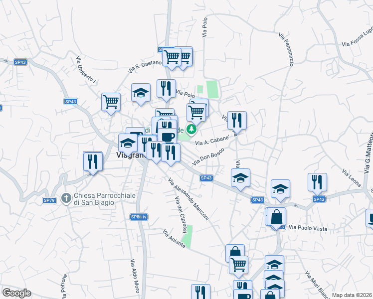 map of restaurants, bars, coffee shops, grocery stores, and more near 28 Via Raffaello Sanzio in Viagrande