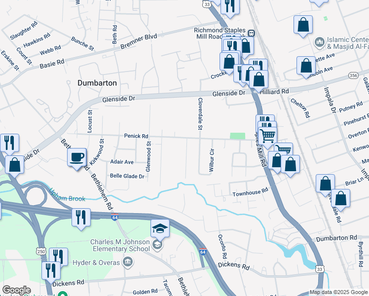 map of restaurants, bars, coffee shops, grocery stores, and more near 6714 Dellwood Street in Richmond