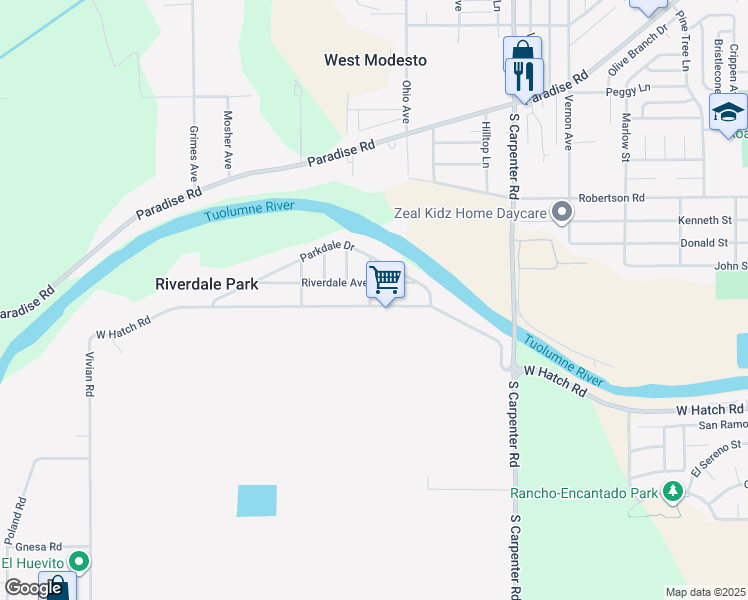 map of restaurants, bars, coffee shops, grocery stores, and more near 2457 West Hatch Road in Modesto