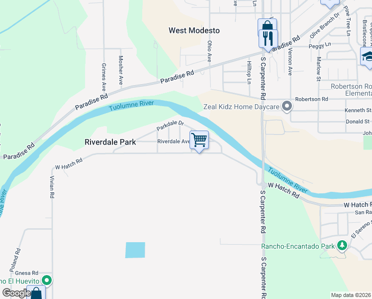 map of restaurants, bars, coffee shops, grocery stores, and more near 2457 West Hatch Road in Modesto