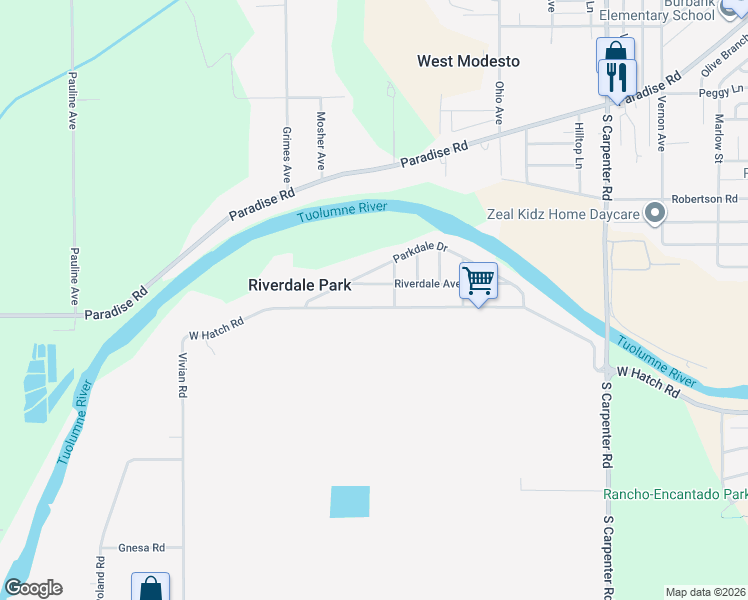 map of restaurants, bars, coffee shops, grocery stores, and more near 2650 West Hatch Road in Modesto