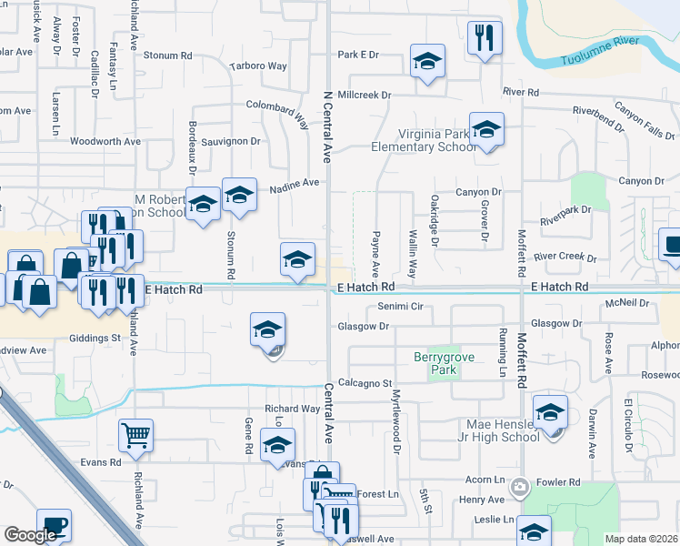 map of restaurants, bars, coffee shops, grocery stores, and more near 2101 East Hatch Road in Modesto