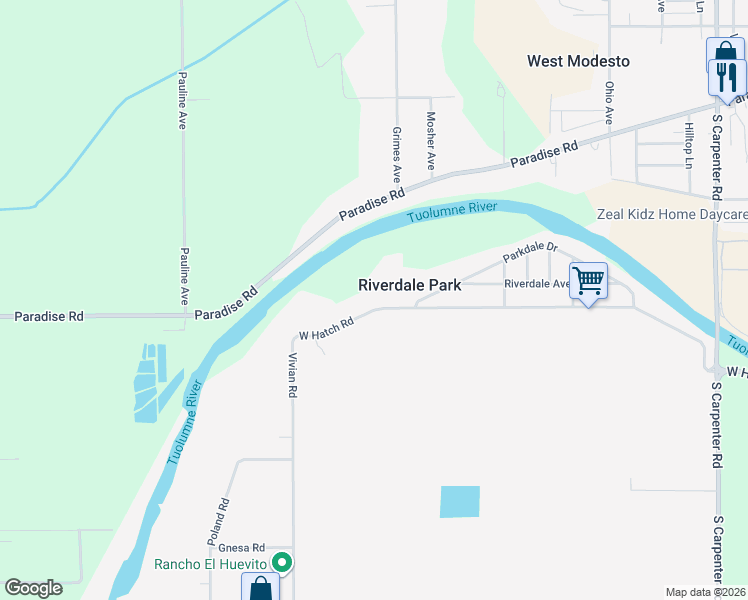 map of restaurants, bars, coffee shops, grocery stores, and more near 2801 West Hatch Road in Modesto