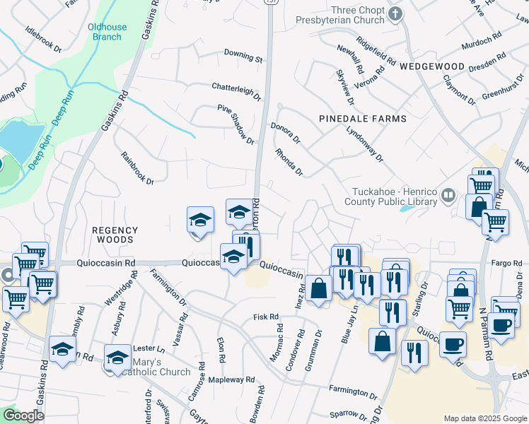 map of restaurants, bars, coffee shops, grocery stores, and more near 71 Dehaven Drive in Richmond