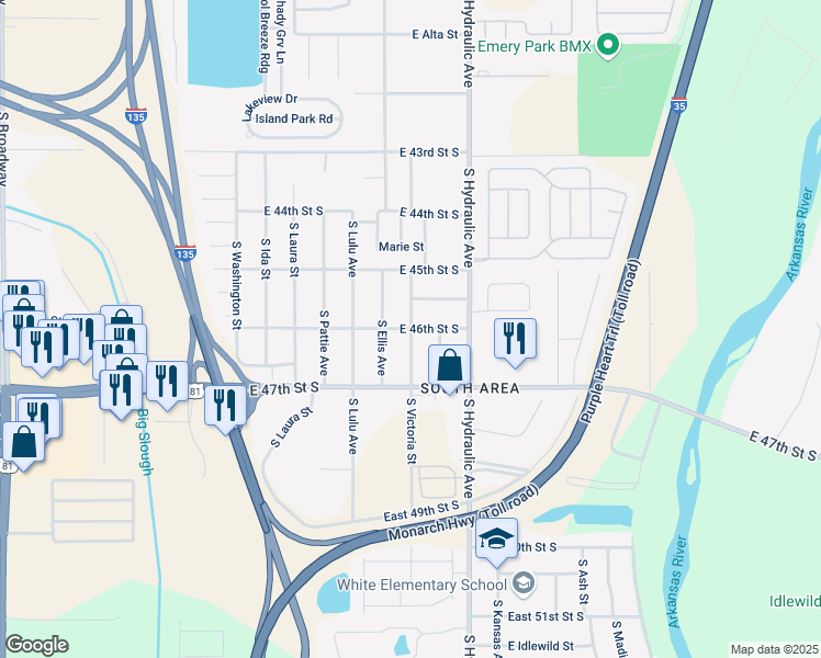 map of restaurants, bars, coffee shops, grocery stores, and more near 4701 South Victoria Street in Wichita