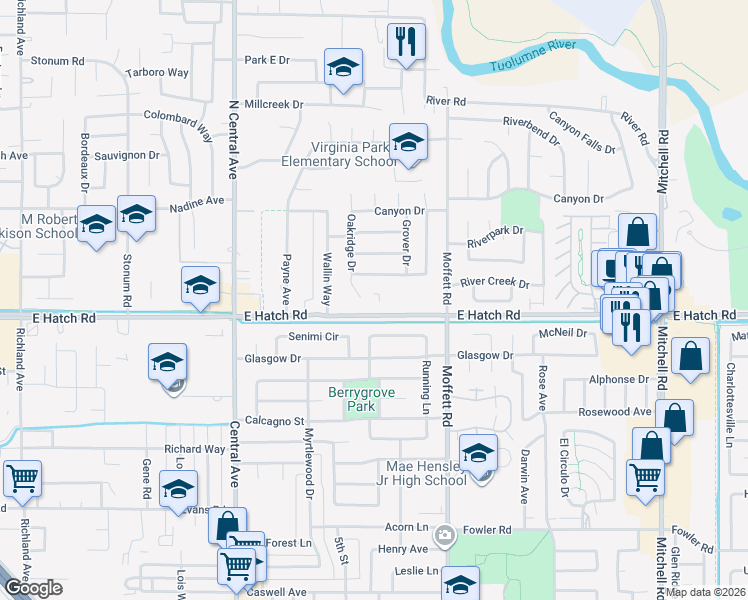 map of restaurants, bars, coffee shops, grocery stores, and more near 2453 East Hatch Road in Modesto