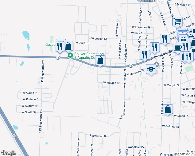 map of restaurants, bars, coffee shops, grocery stores, and more near 240 South Barker Avenue in Bolivar