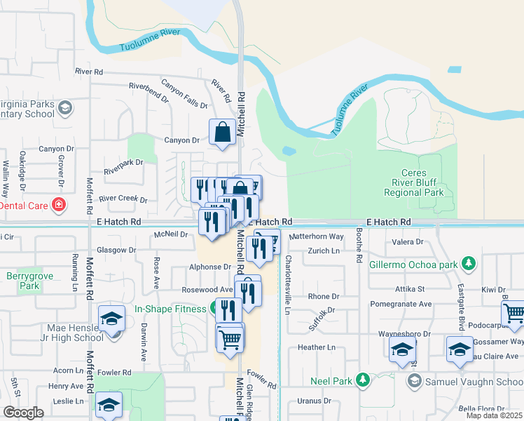 map of restaurants, bars, coffee shops, grocery stores, and more near 3235-3253 East Hatch Road in Modesto