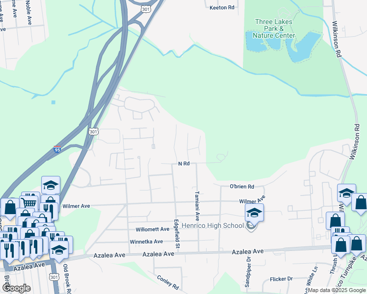 map of restaurants, bars, coffee shops, grocery stores, and more near 5420 Stone Lane in Richmond