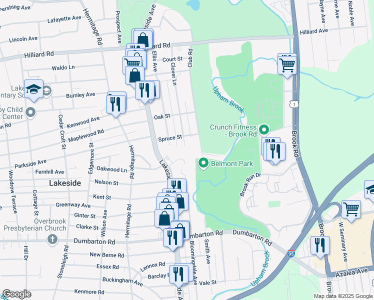 map of restaurants, bars, coffee shops, grocery stores, and more near 6001 Clover Lane in Richmond