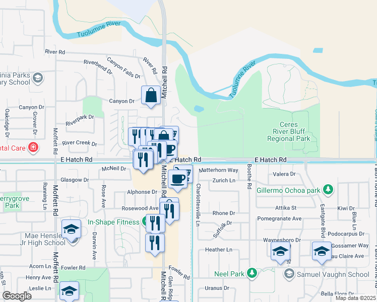 map of restaurants, bars, coffee shops, grocery stores, and more near 3235 East Hatch Road in Modesto