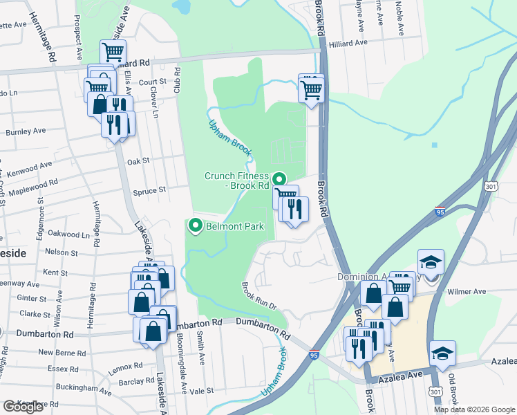 map of restaurants, bars, coffee shops, grocery stores, and more near Brook Run Drive in Richmond