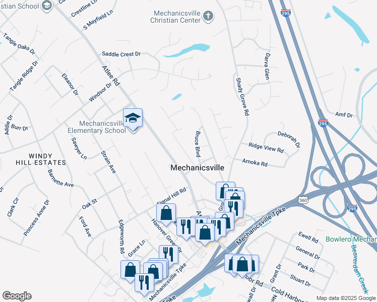 map of restaurants, bars, coffee shops, grocery stores, and more near 7406 Fullview Avenue in Mechanicsville