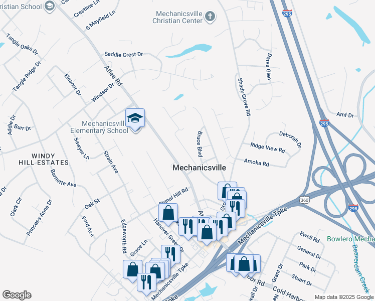map of restaurants, bars, coffee shops, grocery stores, and more near 7406 Fullview Avenue in Mechanicsville