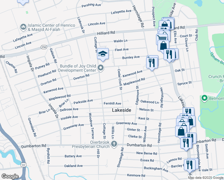 map of restaurants, bars, coffee shops, grocery stores, and more near 2615 Maplewood Road in Richmond