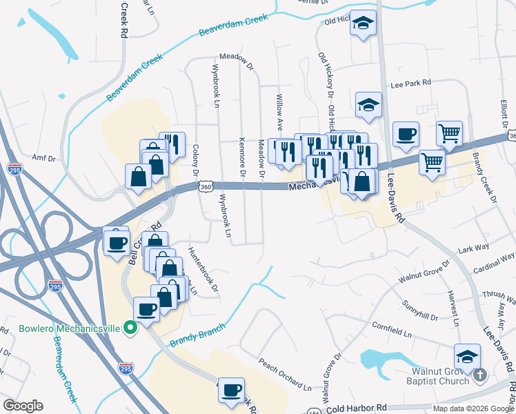 map of restaurants, bars, coffee shops, grocery stores, and more near 7951 Meadow Drive in Mechanicsville