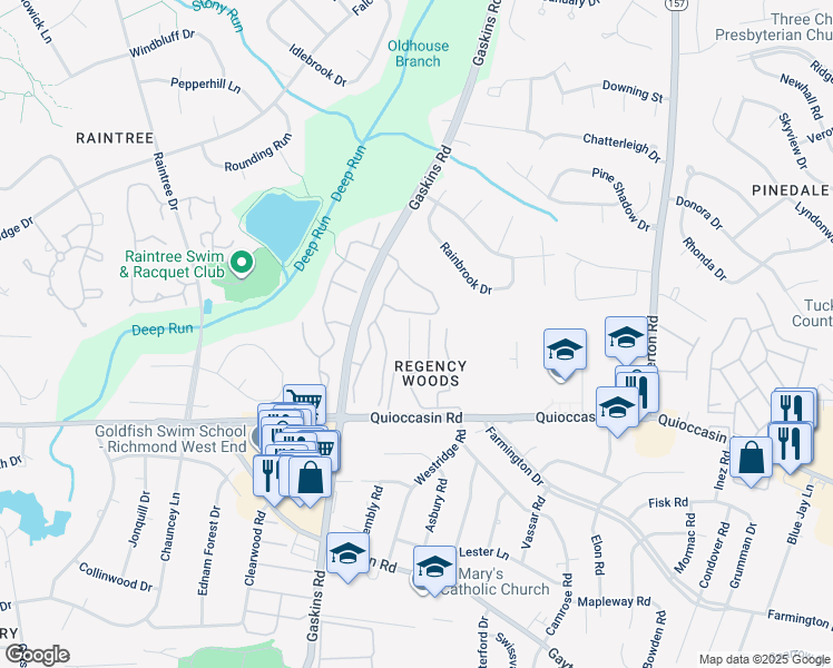 map of restaurants, bars, coffee shops, grocery stores, and more near 1511 Regency Woods Road in Henrico