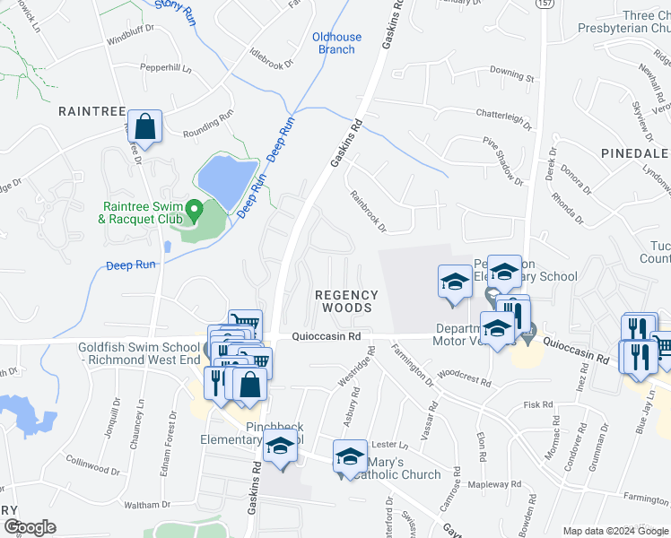 map of restaurants, bars, coffee shops, grocery stores, and more near 1511 Regency Woods Road in Henrico