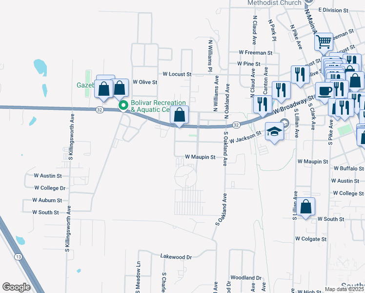 map of restaurants, bars, coffee shops, grocery stores, and more near 240-298 S Barker Ave in Bolivar