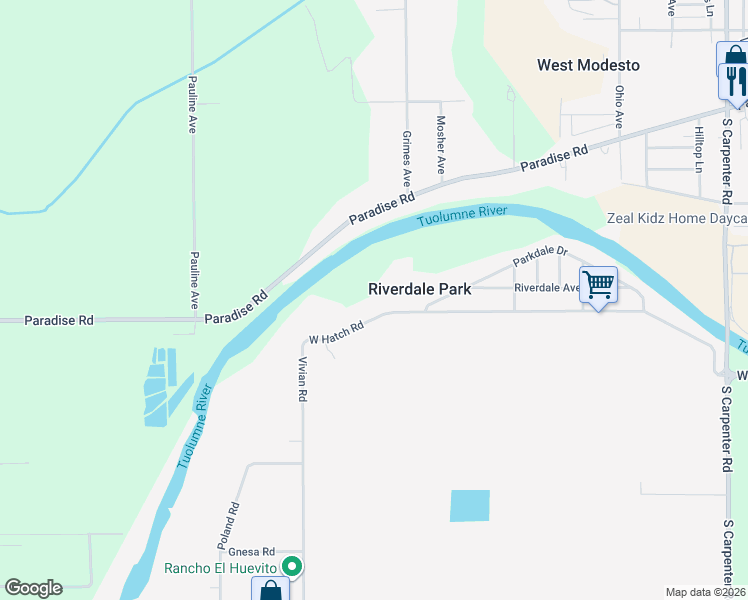 map of restaurants, bars, coffee shops, grocery stores, and more near 2801 West Hatch Road in Modesto
