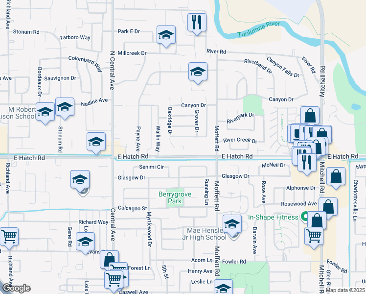map of restaurants, bars, coffee shops, grocery stores, and more near 2453 East Hatch Road in Modesto