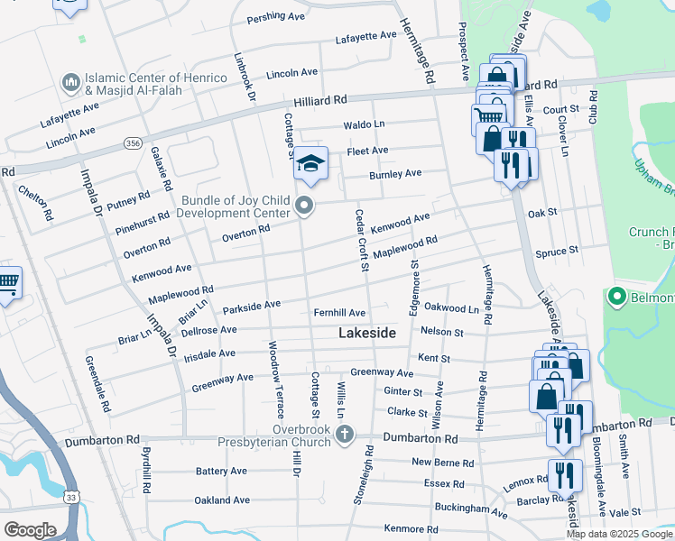 map of restaurants, bars, coffee shops, grocery stores, and more near 2615 Maplewood Road in Richmond