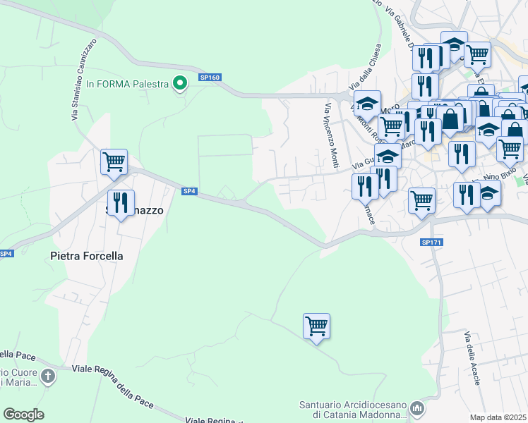 map of restaurants, bars, coffee shops, grocery stores, and more near 109 Via Cristoforo Colombo in Nicolosi