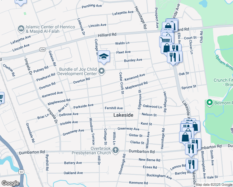 map of restaurants, bars, coffee shops, grocery stores, and more near 2607 Maplewood Road in Richmond
