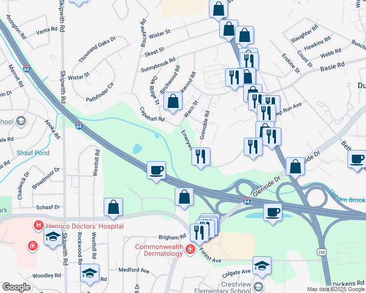 map of restaurants, bars, coffee shops, grocery stores, and more near 2701 Emerywood Parkway in Richmond