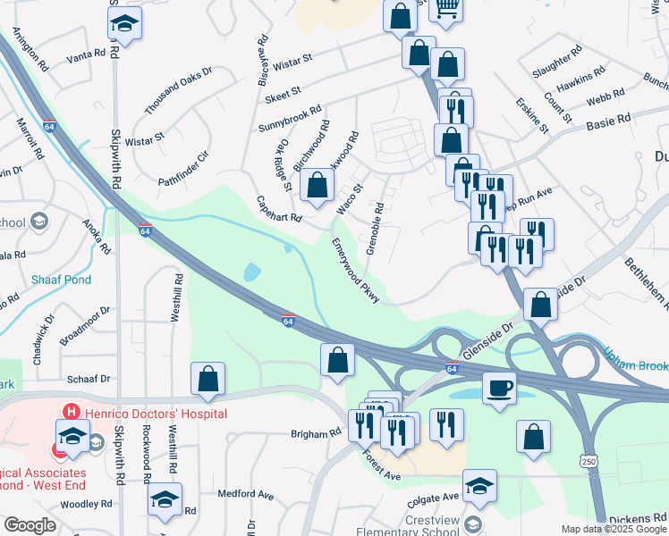 map of restaurants, bars, coffee shops, grocery stores, and more near 2701 Emerywood Parkway in Richmond