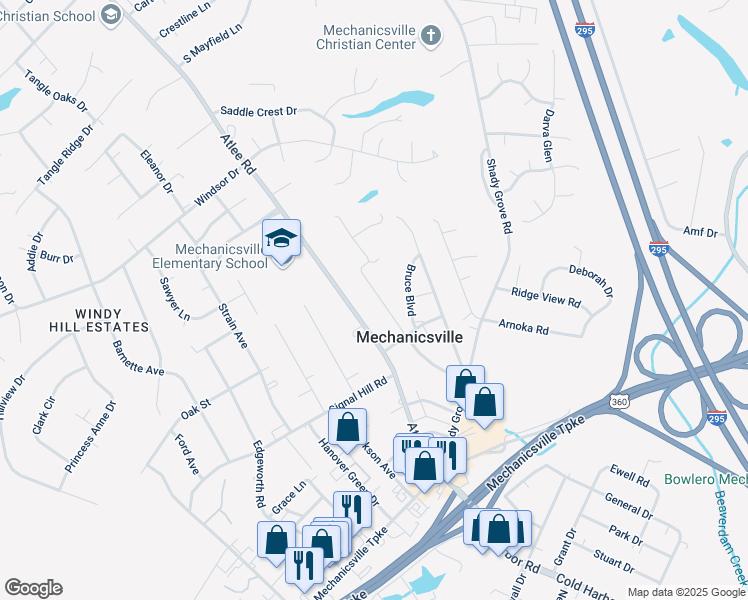 map of restaurants, bars, coffee shops, grocery stores, and more near 7405 Fullview Avenue in Mechanicsville